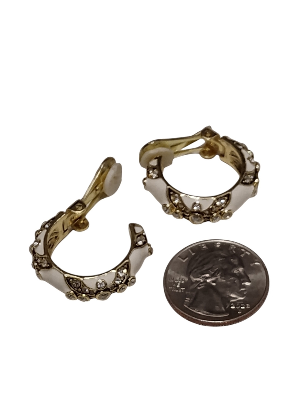 [Black Label] Gold-Tone White Enamel Crystal Hoop Clip On Earrings - Picture 3 of 5